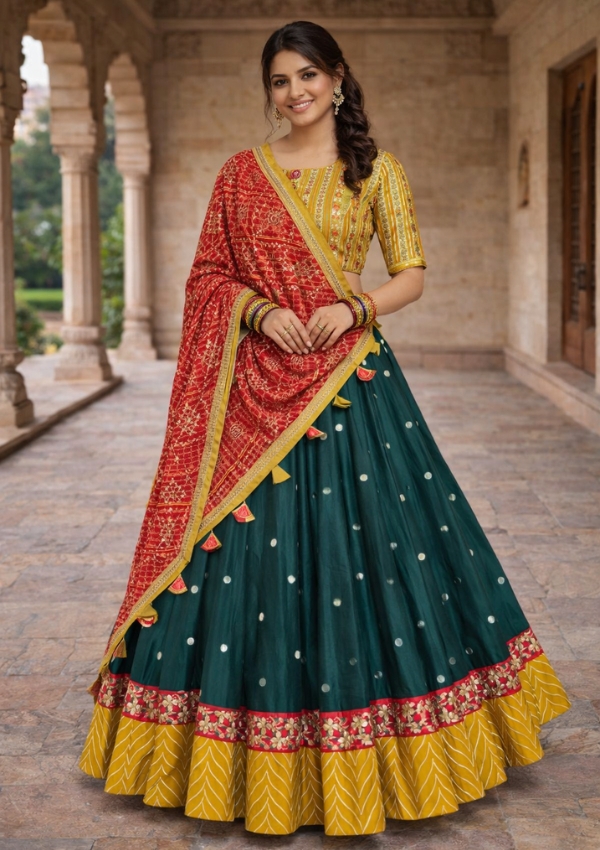 Green Mirror Chaniya with Red Dupatta